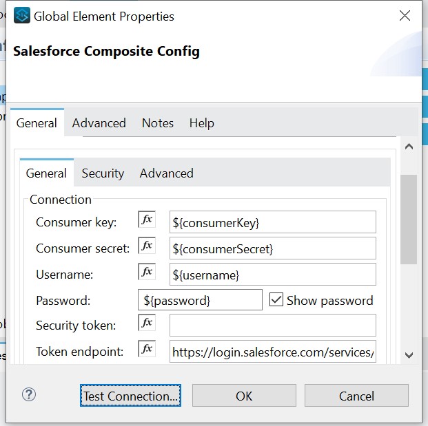 Configuring the Salesforce Composite connector with Consumer details.