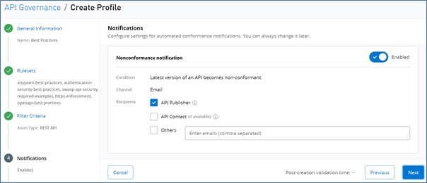 Configure email notifications from API governance profile
