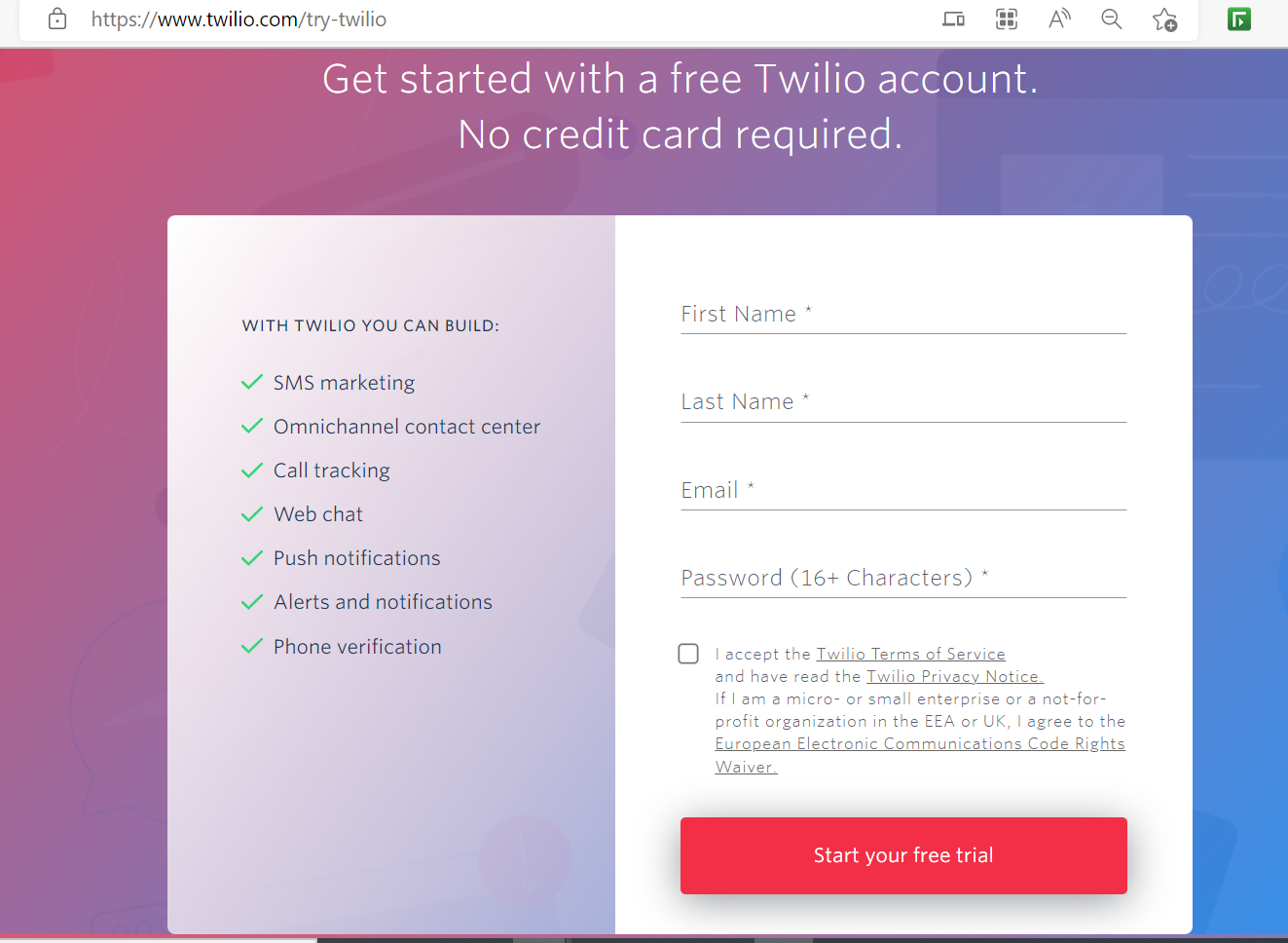 Twilio SignUp Page